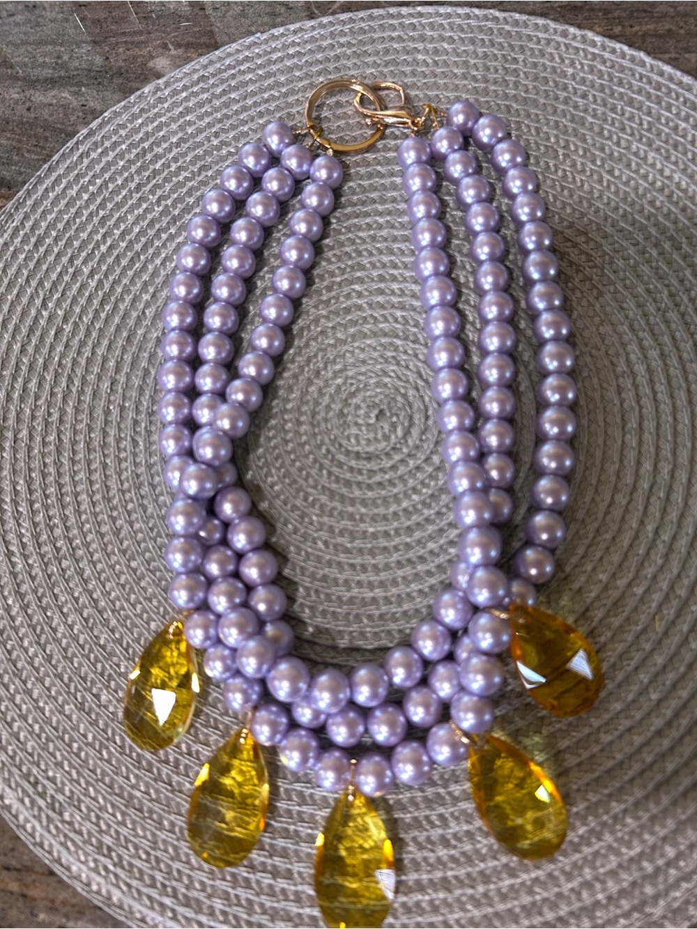 Multi-Strand Lavender Pearl Necklace with Amber Teardrop Accents